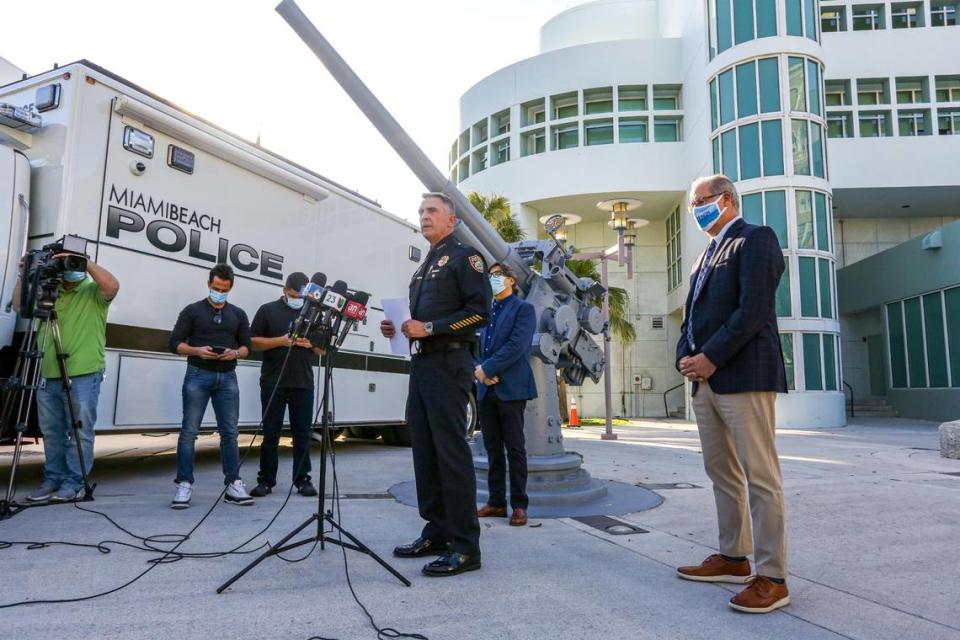 Miami Beach Police Department Chief Richard Clements speaks during a press conference on Monday, February 1, 2021, at Miami Beach Police Headquarters following a violent weekend in South Beach.