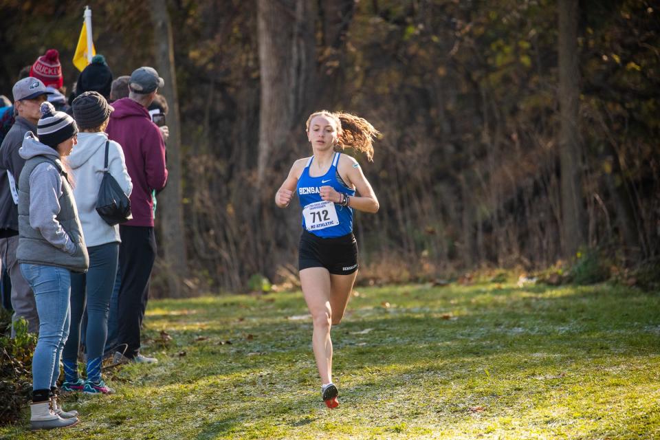 Bensalem's Shana Kearney is seen during the Class 3A girls' race during the PIAA cross country championships, Saturday, Nov. 6, 2021, in Hershey. Kearney, a sophomore, finished fourth with a time of 18:38.1.