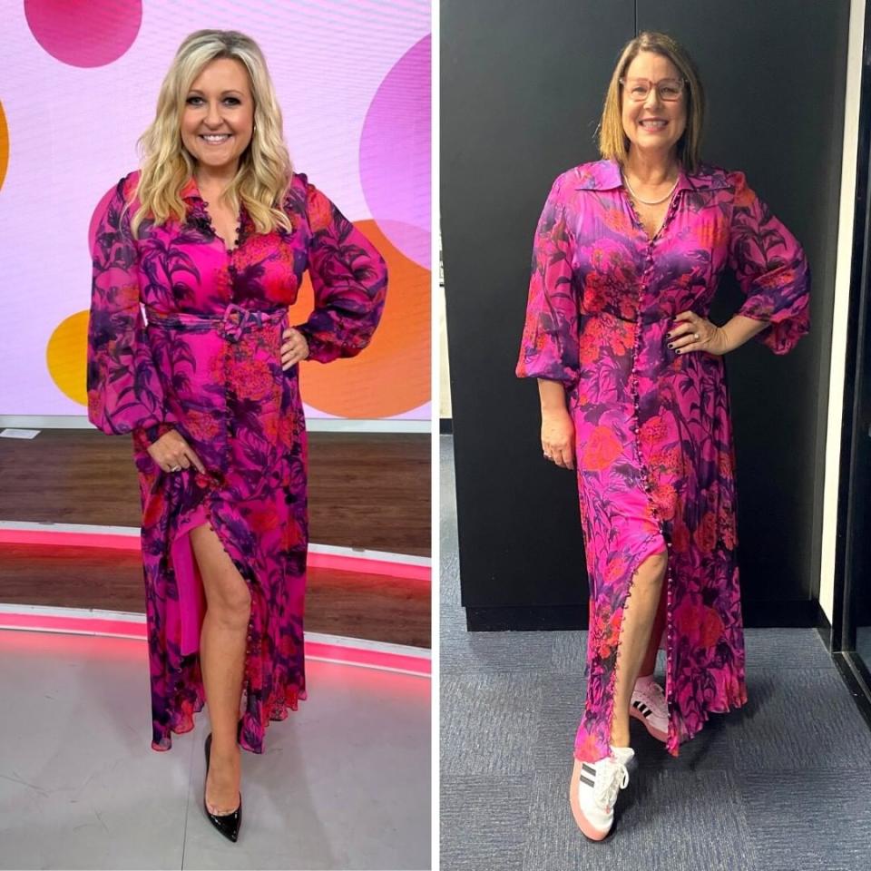 Studio 10 host Angela Bishop and Julia Morris wearing the same pink floral dress