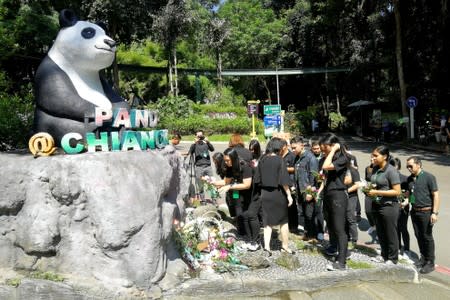 Zoo workers lay flowers at a Panda statue days after the 19-year-old panda Chuang Chuang died at the Chiang Mai zoo, Chiang Mai