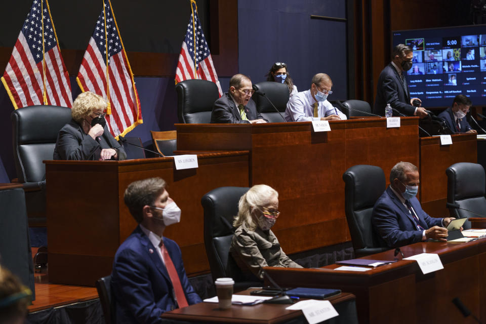 House Judiciary Committee Chair Jerrold Nadler, D-N.Y., top center, and Rep. Jim Jordan, R-Ohio, top right, the ranking member, make opening statements as the panel holds a markup as congressional Democrats speed ahead this week in pursuit of President Joe Biden's $3.5 trillion plan for social and environmental spending, at the Capitol in Washington, Monday, Sept. 13, 2021. (AP Photo/J. Scott Applewhite)