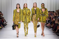 <p>Donatella’s latest collection was a tribute to her late brother Gianni, and therefore was heavily influenced by archive designs, bringing back several bold prints from the 80s and 90s.<br><em>[Photo: Versace]</em> </p>