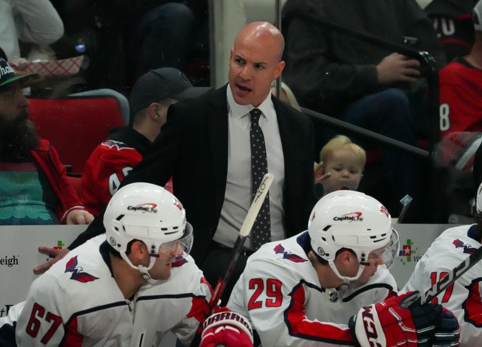 Apr 5, 2024; Raleigh, North Carolina, USA; Washington Capitals head coach Spencer Carbery reacts against the Carolina Hurricanes during the second period at PNC Arena.