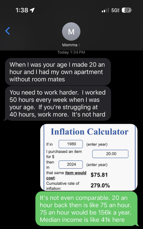 Text message conversation about differences in wages and working hours between generations. Screenshot includes text bubble and an inflation calculator