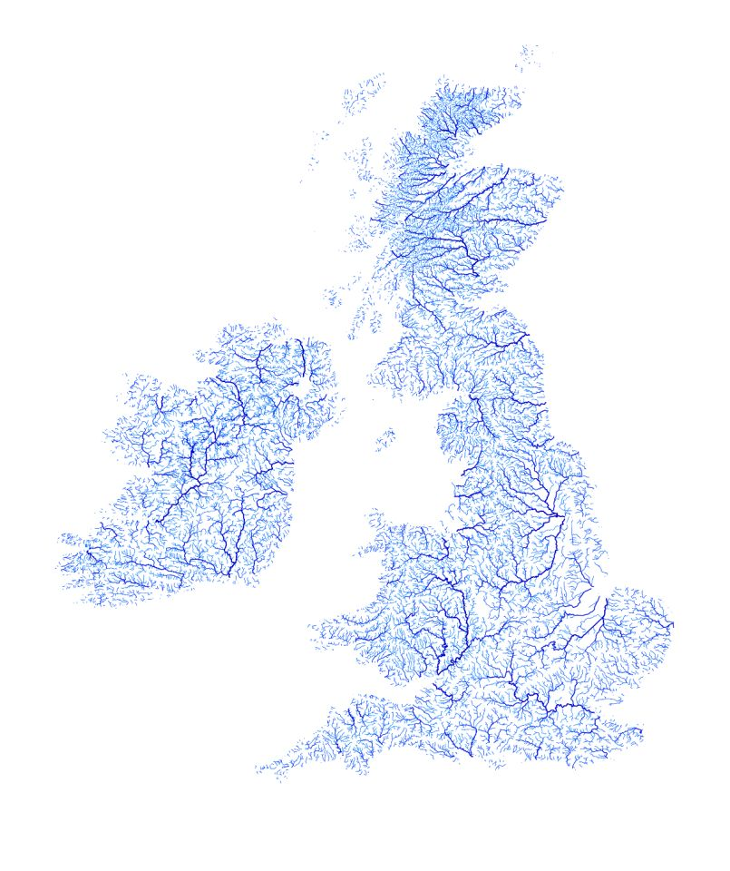 Un mapa de los cursos fluviales en Gran Bretaña e Irlanda.
