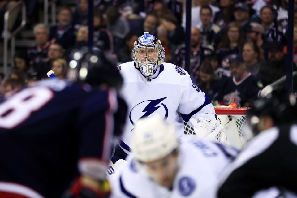 Apr 14, 2019; Columbus, OH, USA; Tampa Bay Lightning goaltender Andrei Vasilevskiy (88) awaits the face-off against the Columbus Blue Jackets during the third period in game three of the first round of the 2019 Stanley Cup Playoffs at Nationwide Arena. Mandatory Credit: Aaron Doster-USA TODAY Sports