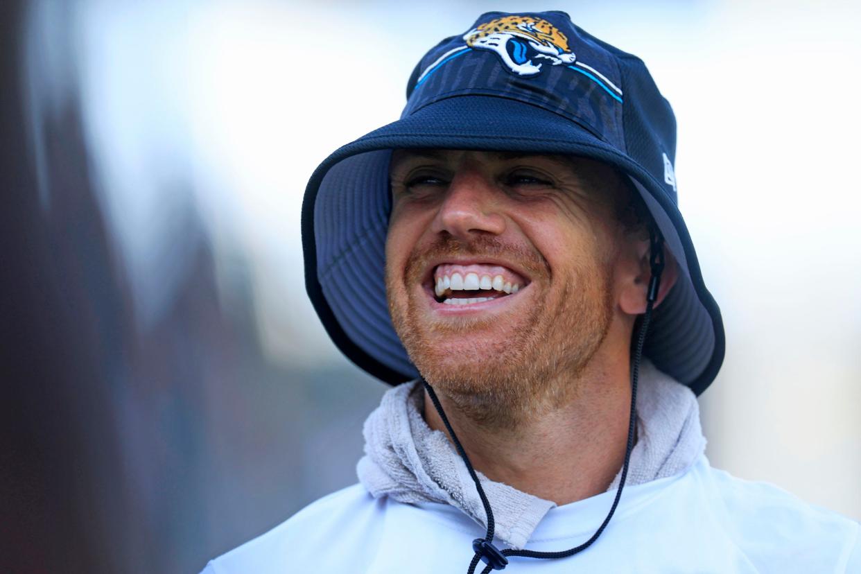 Jacksonville Jaguars wide receivers coach Chad Hall  smiles during training camp Monday, Aug. 7, 2023 at Miller Electric Center at EverBank Stadium in Jacksonville, Fla. This was the 11th day of training camp. 