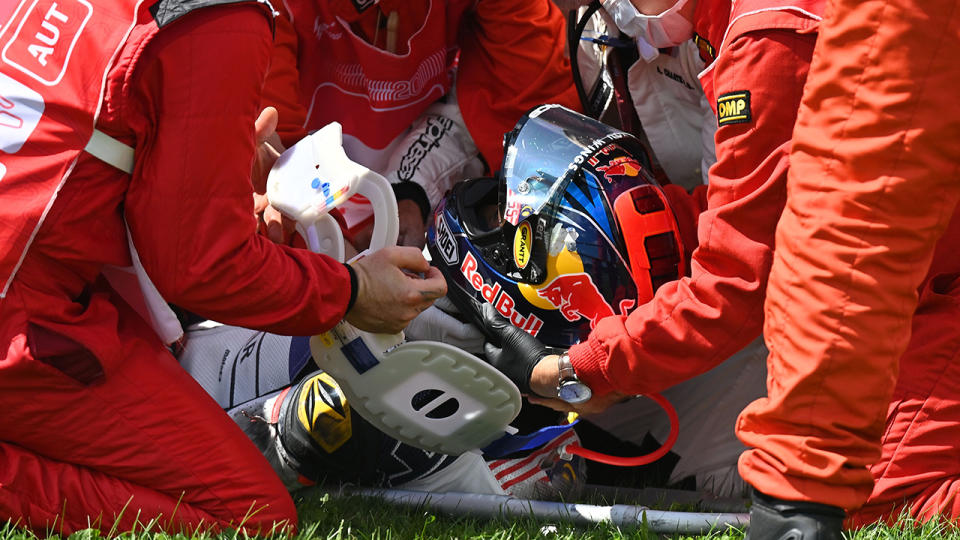 Hafiz Syahrin, pictured here after the horrific crash in the Moto2 Austrian Grand Prix.