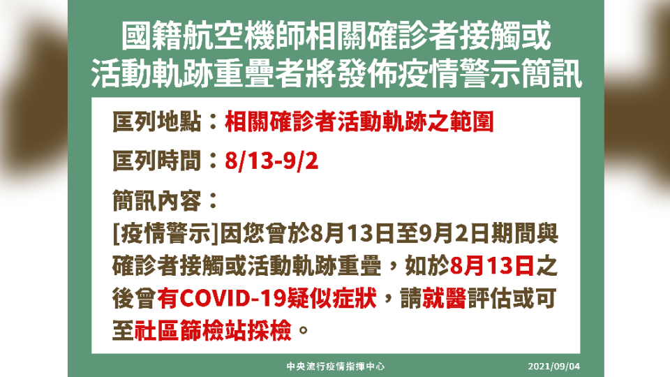 國籍航空機師相關確診者接觸或活動軌跡重疊者將發布疫情警示簡訊。（圖／中央流行疫情指揮中心）