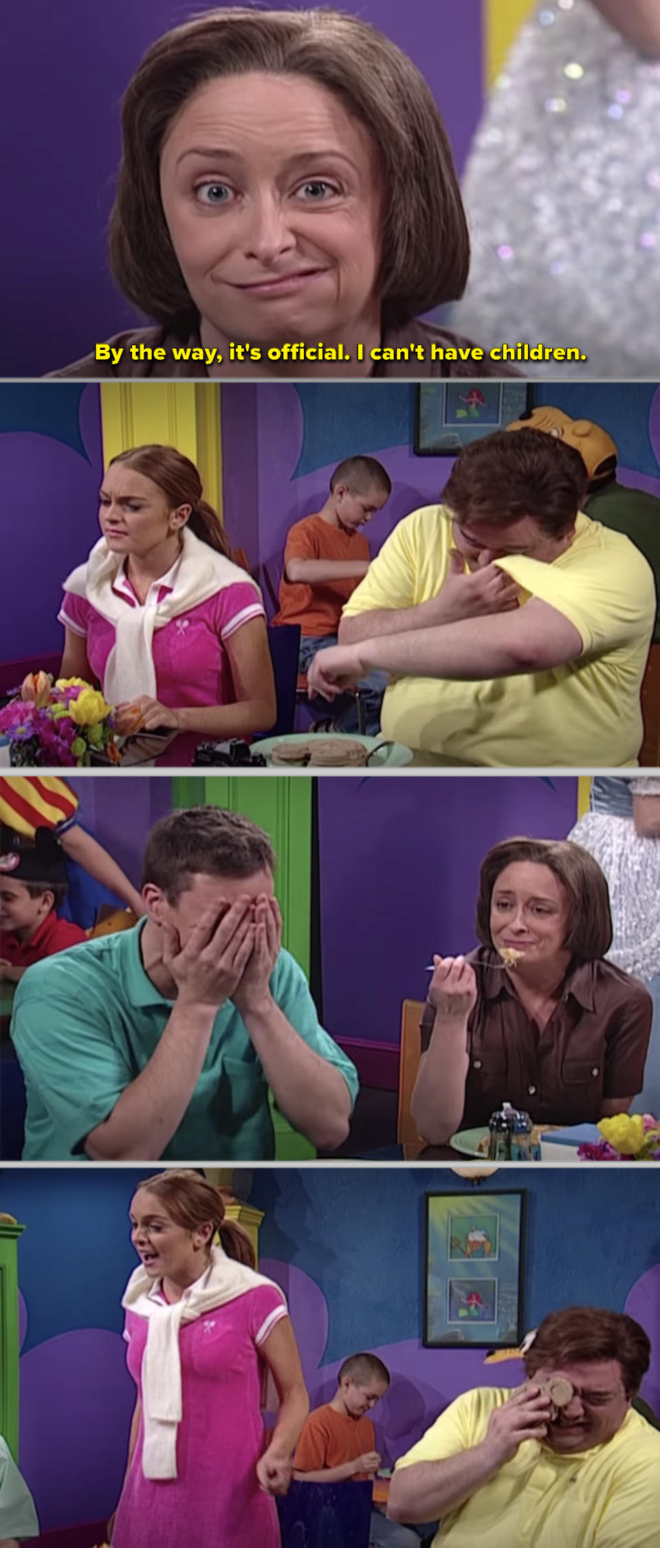 Three-panel collage of TV characters acting in a comedy sketch, including two women and a man, with humorous subtitles