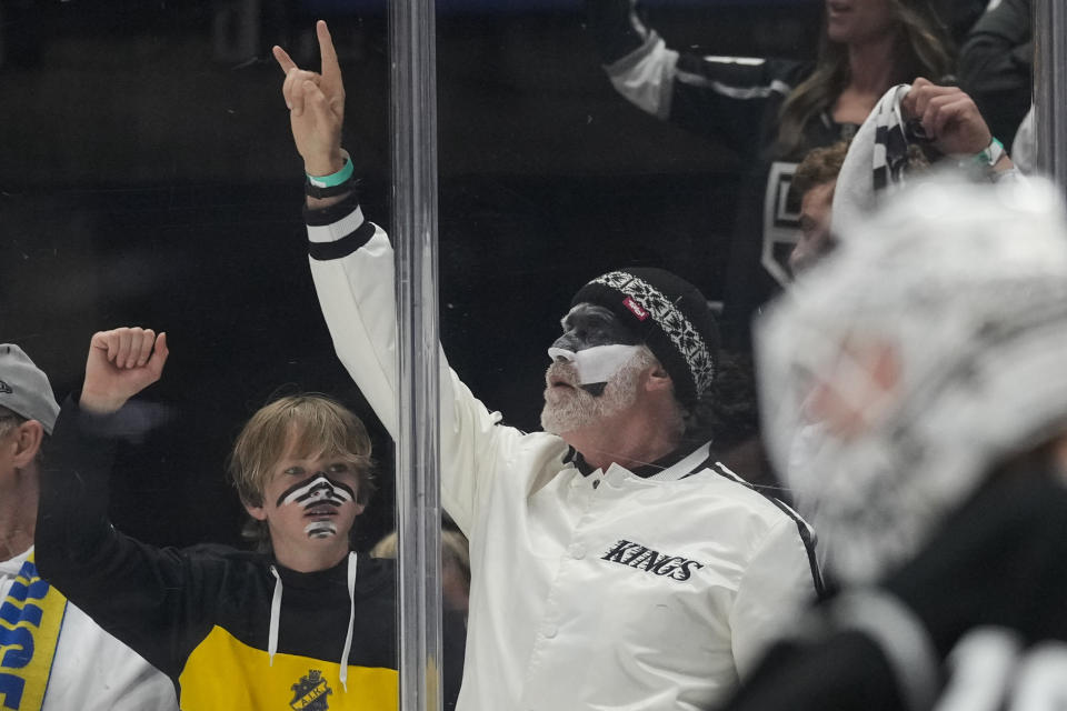 Actor Will Ferrell celebrates after Los Angeles Kings right wing Viktor Arvidsson (33) scored during the first period of Game 4 of an NHL hockey Stanley Cup first-round playoff series hockey game against the Edmonton Oilers Sunday, April 23, 2023, in Los Angeles. (AP Photo/Ashley Landis)