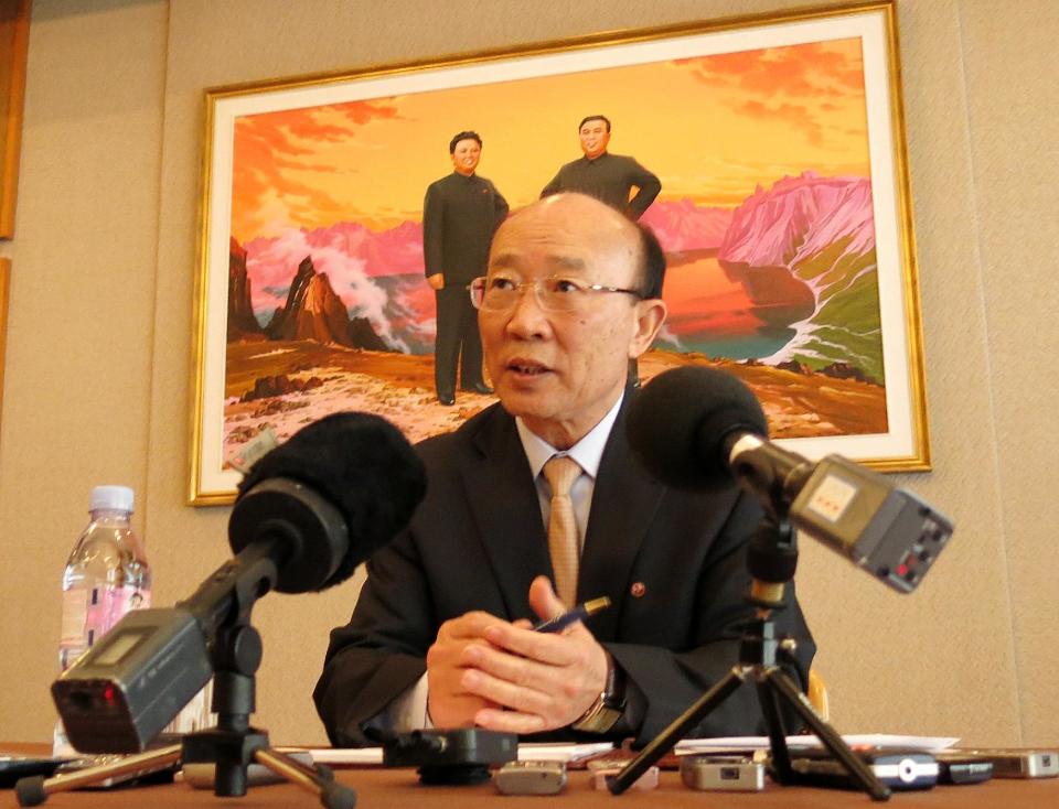 North Korean U.N. Ambassador So Se Pyong speaks to reporters at a news conference on Tuesday, March 25, 2014, in his country's mission along the lakeshore in Geneva, Switzerland. (AP Photo/John Heilprin)