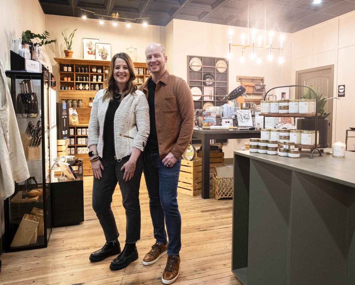 Kathryn and Adam York stand in their new store Gather Kitchen Mercantile on Public Square in downtown Columbia, Tenn. on Feb. 10, 2024.