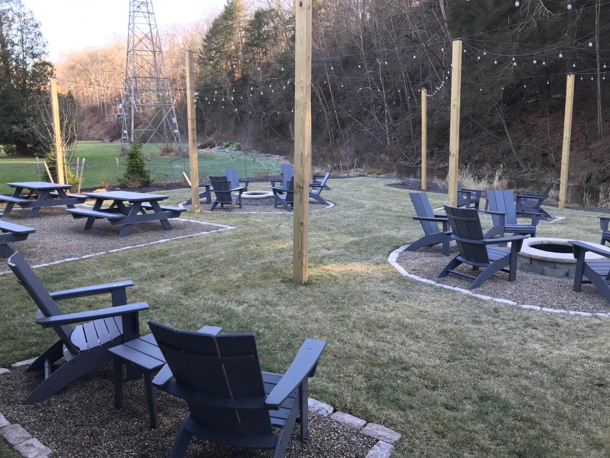 Outdoor seating and fire pits at the new Big Sewickley Creek Brewing in Economy.
