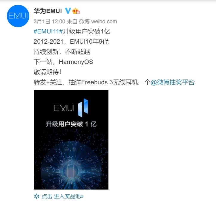 華為宣佈，旗下EMUI 11系統用戶已經突破1億，接下來會將這些用戶升級至鴻蒙系統。   圖：取自華為官方微博