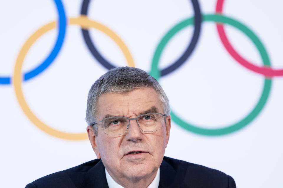 International Olympic Committee (IOC) president Thomas Bach from Germany speaks during a press conference after the executive board meeting of the International Olympic Committee (IOC), at the Olympic House, in Lausanne, Switzerland, Wednesday, March 4, 2020. (Jean-Christophe Bott/Keystone via AP)