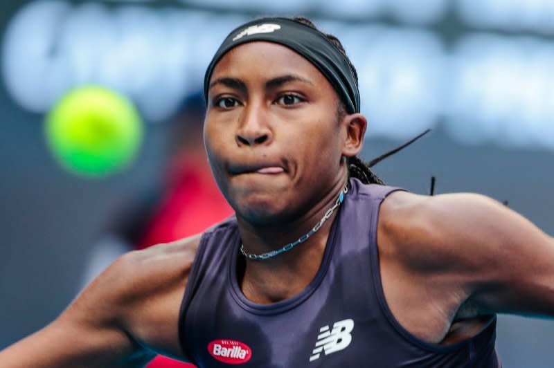 American Coco Gauff eyes a return during her straight-sets win over Maria Sakkari in a 2023 China Open quarterfinal Friday in Beijing. Photo by Wu Hao/EPA-EFE