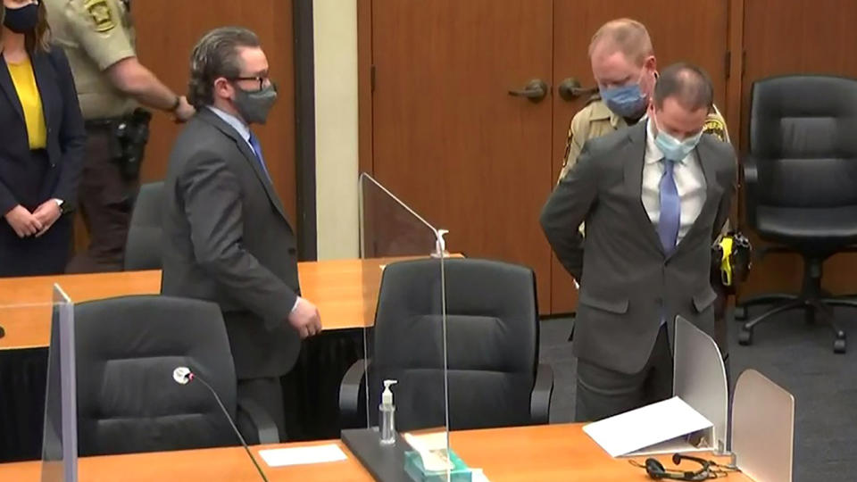 Former Minneapolis police officer Derek Chauvin is handcuffed to be led away after a jury found him guilty of all charges in his trial for second-degree murder, third-degree murder and second-degree manslaughter in the death of George Floyd in Minneapolis, Minnesota, U.S. April 20, 2021 in a still image from video.  (Pool via Reuters)