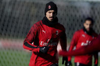 Zlatan Ibrahimovic trains in Carnago, near Milan, Italy, Saturday, Jan. 3, 2020. The 38-year-old striker signed a deal with AC Milan until the end of the season with an option to extend for another year. (Spada/LaPresse via AP)