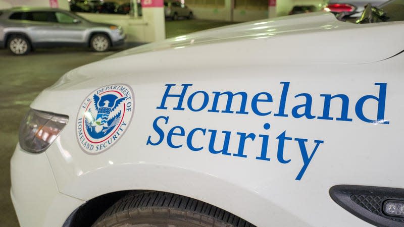 Close-up of logo for the United States Department of Homeland Security on an emergency vehicle in San Francisco, California, February 25, 2019.