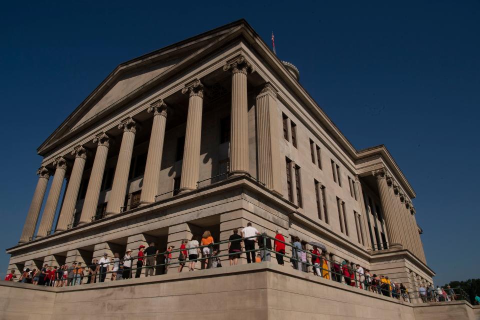 A prayer vigils wrapped around the Tennessee state Capitol in Nashville, Tenn., Monday, Aug. 21, 2023. A special legislative session starts at 4 p.m. CT.