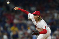 Philadelphia Phillies' JD Hammer pitches during the fifth inning of a baseball game against the Los Angeles Dodgers, Tuesday, Aug. 10, 2021, in Philadelphia. (AP Photo/Matt Slocum)
