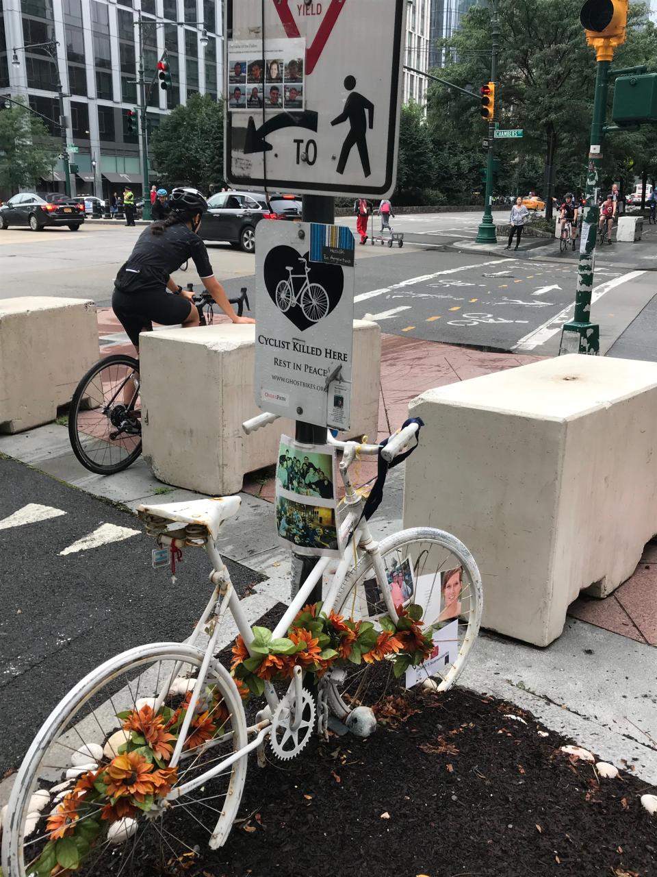 A memorial, at West and Chambers Streets,  to 8 people killed in terror attack last Oct 31, allegedly by a Paterson man who drove a rented truck down the bike path. The suspect, Sayullo Saipov, 30, is awaiting trial.