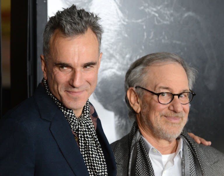 Cast member Daniel Day-Lewis (left) and director Steven Spielberg arrive for the closing night Gala Screening of "Lincoln" at the AFI Fest in Hollywood, California on November 8, 2012. Steven Spielberg's political drama "Lincoln", the film version of hit stage musical "Les Miserables" and Ang Lee's "Life of Pi" lead the nominations for the BAFTAs announced in London on Wednesday