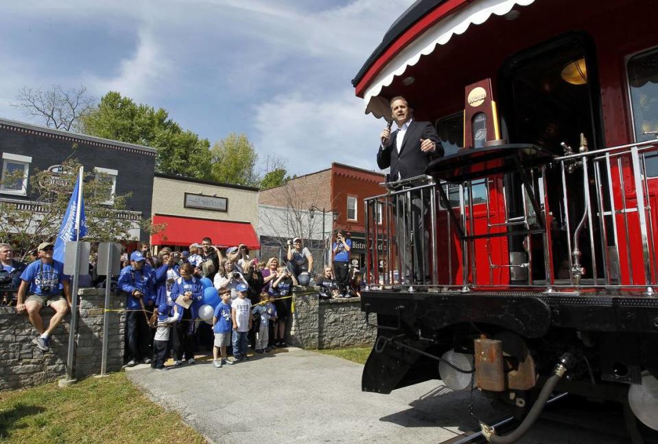 UK coach John Calipari went on a three-day, statewide train tour showcasing the NCAA trophy after the Cats’ eigth title in 2012.