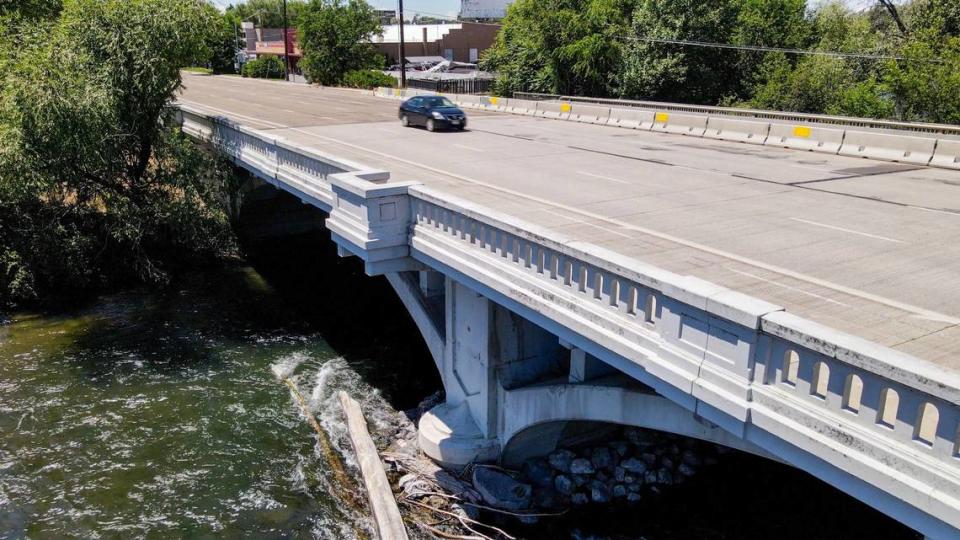 The Art Deco style Fairview Avenue bridge that crosses over the Boise River on the east side is only half of the story. The more conservative west side of the bridge was added in 1976 to widen traffic to four lanes.