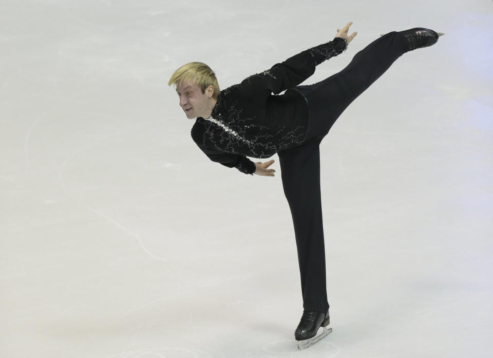 Evgeni Plushenko, of Russia, skates his short program at the ISU European figure skating championship in Zagreb, Croatia, on Thursday, Jan. 24, 2013. (AP Photo/Ivan Sekretarev)