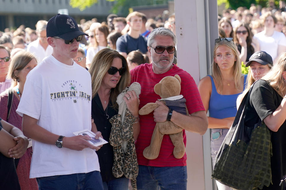 The family of Barnaby Webber (left to right) brother Charlie Webber, mother Emma Webber and father David Webber, attend a vigil at the University of Nottingham after he and two others - Grace Kumar and Ian Coates - were killed and another three hurt in connected attacks on Tuesday morning. Picture date: Wednesday June 14, 2023. (Photo by Jacob King/PA Images via Getty Images)