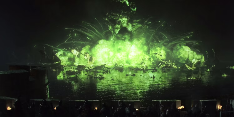 <p>The first big battle in <em>Game of Thrones</em> uses its bigger budget to spectacular effect. In the Battle of Blackwater, the Lannister army defeats Stannis Baratheon’s forces thanks to a genius play by Tyrion involving the ultra-flammable substance known as wildfire. By leaking it into the bay then igniting it with a flaming arrow, King’s Landing is bathed in an otherworldly glow and Stannis loses his major opportunity to take the throne.</p>