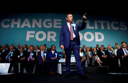 Brexit Party leader Nigel Farage gestures as he speaks at a Brexit Party campaign event in London, Britain, May 21, 2019. REUTERS/Henry Nicholls