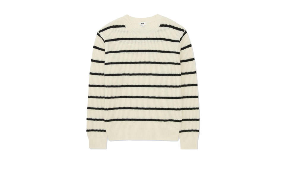 <p>Men ribbed striped crewneck long-sleeve sweater, $30, <a rel="nofollow noopener" href="https://www.uniqlo.com/us/en/men-ribbed-striped-crew-neck-long-sleeve-sweater-402925.html" target="_blank" data-ylk="slk:uniqlo.com;elm:context_link;itc:0;sec:content-canvas" class="link ">uniqlo.com</a> </p>