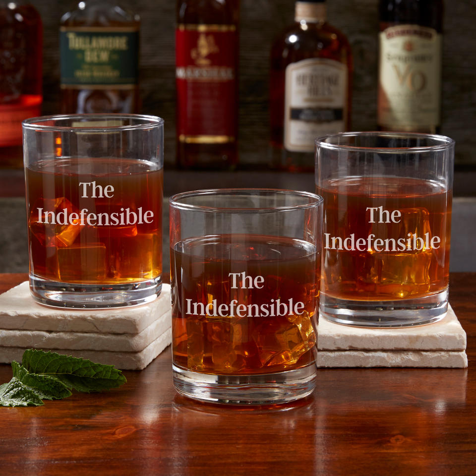 Personalized rocks glasses with the name of Warren Buffett's private jet, the Indefensible.