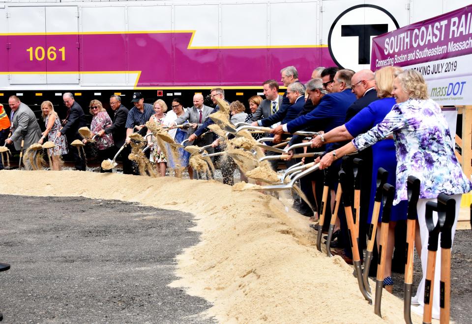 After years of waiting, Gov. Charlie Baker, along with many other state and local politicians, break ground on South Coast Rail off of Chace Road in Freetown in 2019.