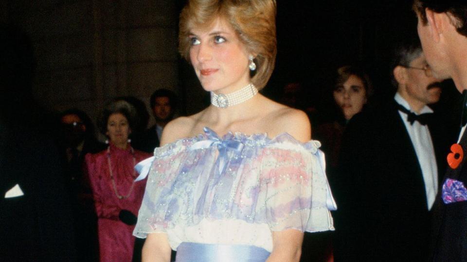 Diana Princess of Wales at 'Splendours of the Gonzaga' exhibition at the Victoria and Albert Museum wearing a dress designed by Bellville Sassoon