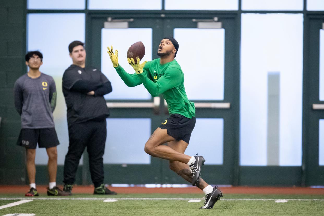 Oregon wide receiver Troy Franklin hauls in a pass during Oregon Pro Day Tuesday, March 12, 2024 at the Moshofsky Center in Eugene, Ore.