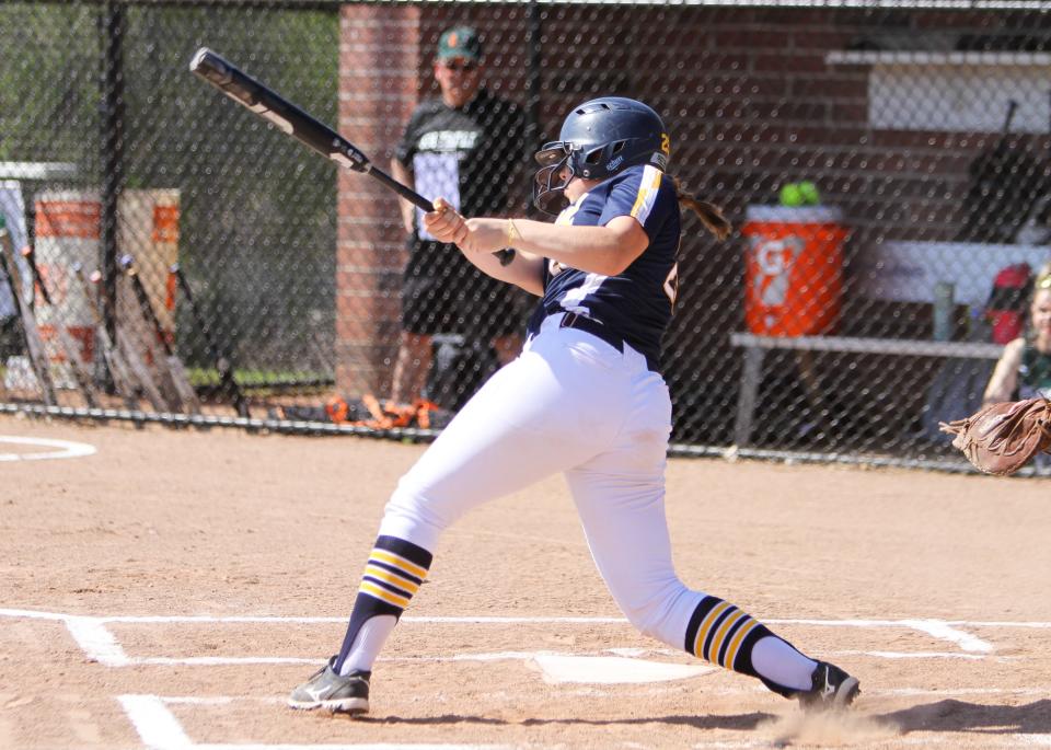 Sadie Malik hits a double to score Hartland's first run during a 6-0 victory over Novi on Thursday, May 11, 2023.