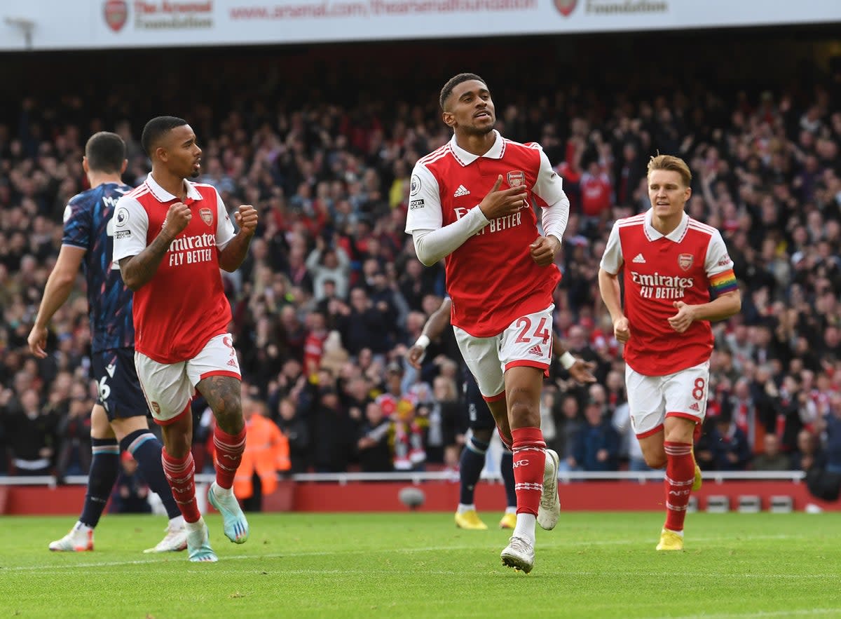 Reiss Nelson celebrates scoring Arsenal’s second goal (Getty Images)