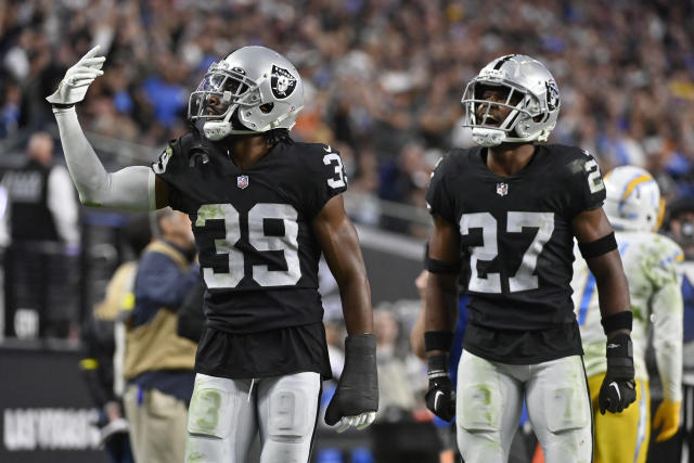 Las Vegas Raiders cornerback Sam Webb (27) is seen during warm ups before  an NFL preseason football game against the Dallas Cowboys, Saturday, Aug.  26, 2023, in Arlington, Texas. Dallas won 31-16. (