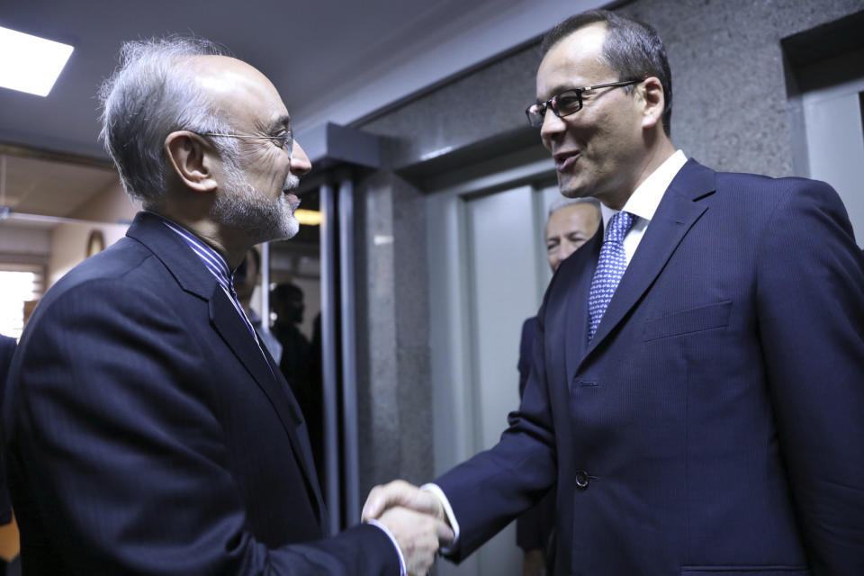 In this photo released by the Atomic Energy Organization of Iran, the head of Iran's nuclear program, Ali Akbar Salehi, left, shakes hands with acting chief of the International Atomic Energy Agency, IAEA, Cornel Feruta, during their meeting in Tehran, Iran, Sunday, Sept. 8, 2019. After the meeting Salehi said the European Union has failed to honor its commitments under Tehran's nuclear deal with world powers, following the U.S. withdrawal from the 2015 accord over a year ago. (Atomic Energy Organization of Iran via AP)