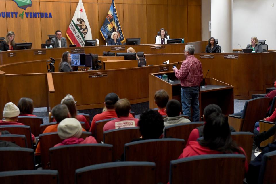Gavin Jones, an emergency room nurse at Ventura County Medical Center, addresses the Board of Supervisors March 14 as members of the California Nurses Association seek better pay and working conditions.