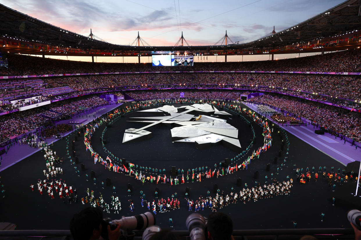 PARIS, FRANCE - AUGUST 11: General view with flag bearers from all Countries during the Closing Ceremony Paris 2024 Olympic Games at the Stade de France on August 11, 2024 in Paris, France. (Photo by Pete Dovgan/Speed Media/Icon Sportswire via Getty Images)