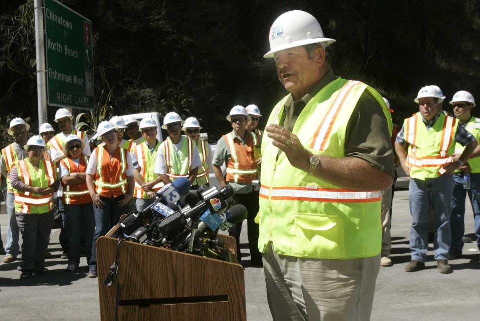 Contractor C.C. Myers speaks at a news conference in September 2007 on the Bay Bridge, which was closed for a seismic upgrade. The legendary Sacramento construction icon, who gained fame rebuilding damaged California freeways at breakneck speed, died Wednesday at the age of 85.