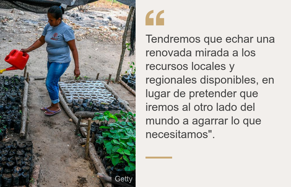 "Tendremos que echar una renovada mirada a los recursos locales y regionales disponibles, en lugar de pretender que iremos al otro lado del mundo a agarrar lo que necesitamos".", Source: , Source description: , Image: Una mujer rociando unos retoños de árboles en Colombia