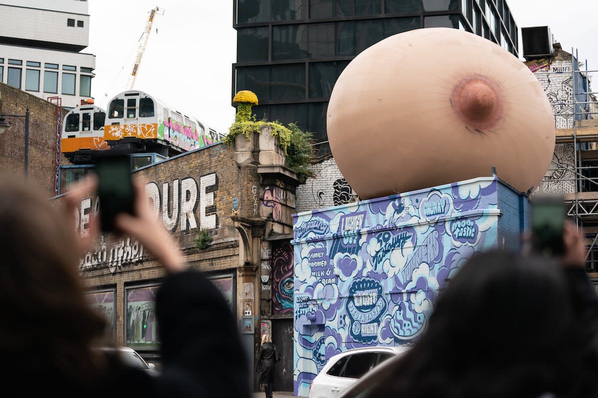 Dozens of medical tattooists dress as giant inflatable BREASTS outside  Facebook HQ