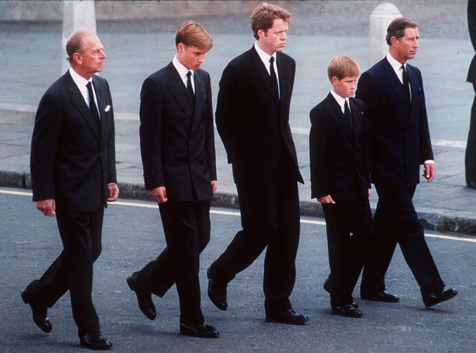 Prince Philip, Prince William, Earl Spencer, Prince Harry, Prince Charles, Diana funeral