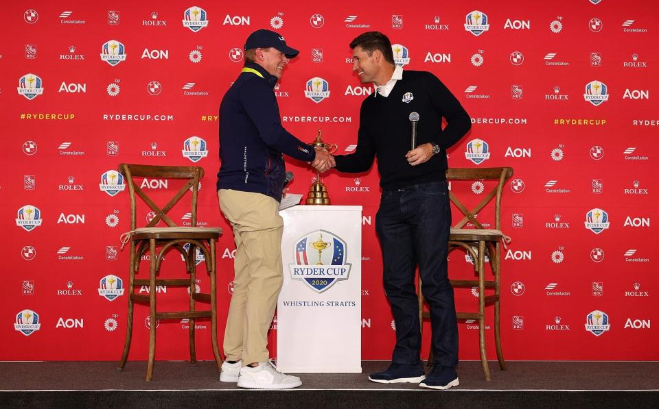 U.S. Ryder Cup captain Steve Stricker and European Ryder Cup captain Padraig Harrington speak to the media prior to the start of the Ryder Cup at Whistling Straits on September 20, 2021 in Kohler, Wisconsin. - GETTY IMAGES